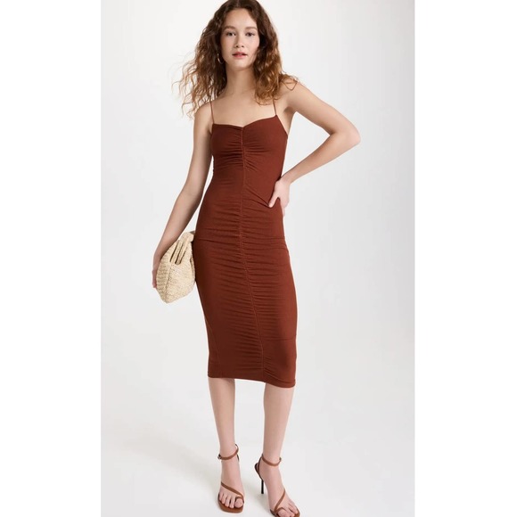 ENZA COSTA Dress Womens Large Umber Stretch Silk Knit Ruched Strappy Midi NEW - Picture 1 of 16